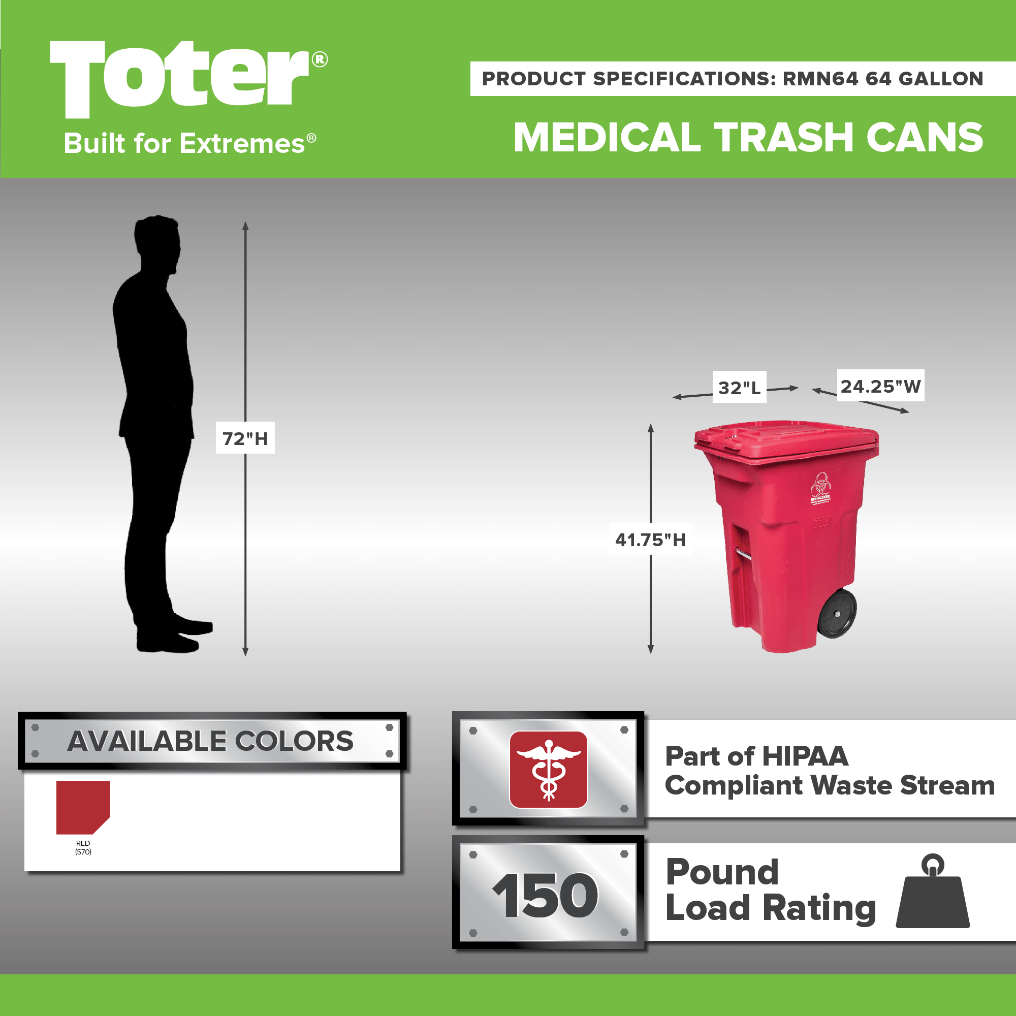 Toter® 64 Gal. Red Hazardous Waste Trash Can with Wheels and Lid Lock